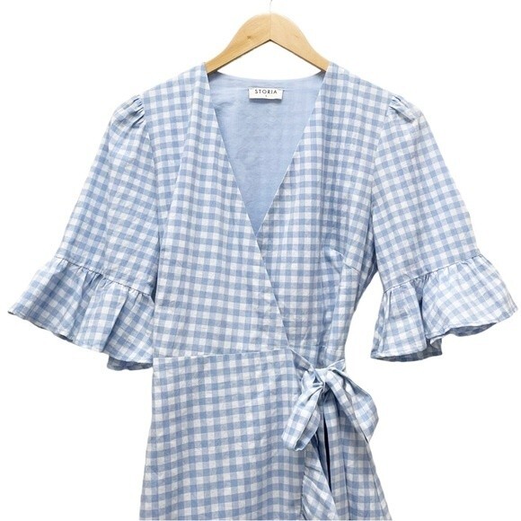 Storia Blue Gingham Wrap Ruffled Knee Length Dress Women’s Size Small Dorothy - Picture 5 of 8